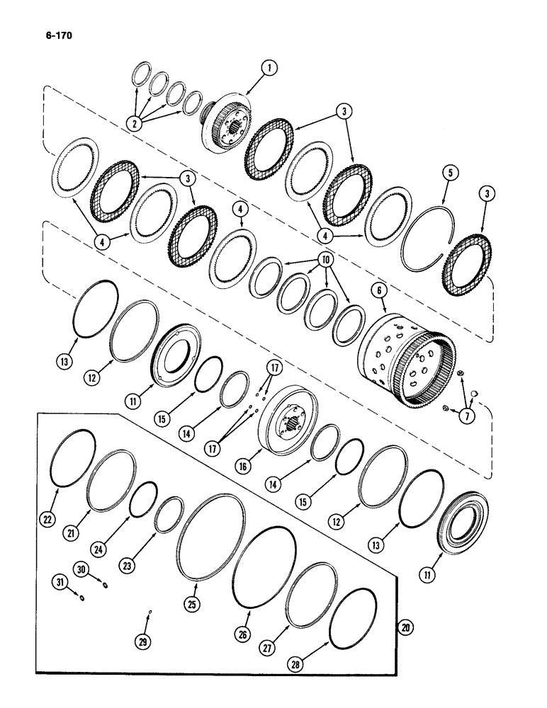 Схема запчастей Case IH 4490 - (6-170) - TRANSMISSION CLUTCH ASSEMBLY, (C2) AND (C3) CLUTCHES (06) - POWER TRAIN