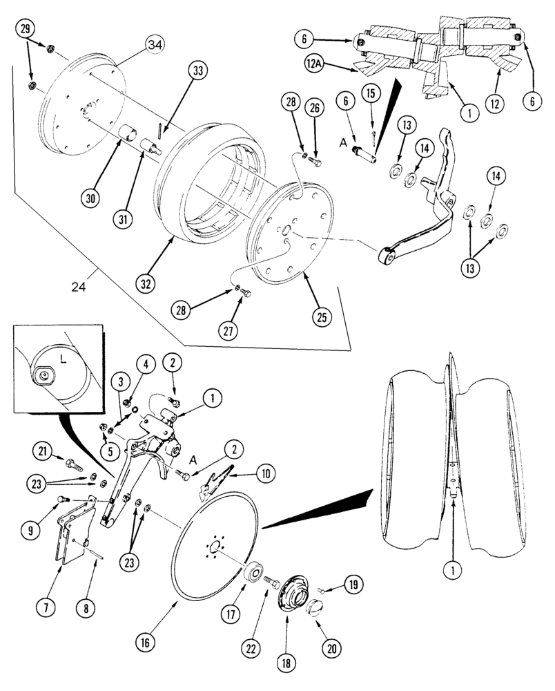 Схема запчастей Case IH 1200 - (L.10.F[04]) - DISC OPENER & GAUGE WHEEL, WITH LH LEADING DISC OPENER (RH SIDE OF PLANTER, BSN CBJ0001610) L - Field Processing