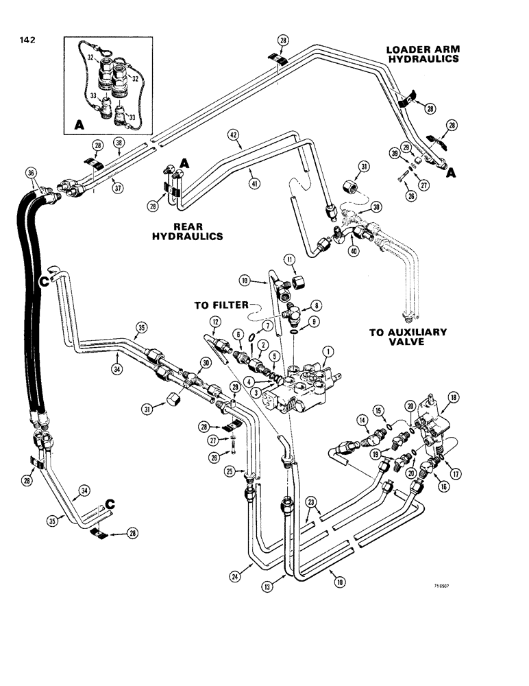 Схема запчастей Case IH 1830 - (142) - AUXILIARY HYDRAULICS USED WITH CESSNA VALVE LOADER ARM AND REAR HYDRAULICS WITHOUT DIVERTER VALVE (35) - HYDRAULIC SYSTEMS