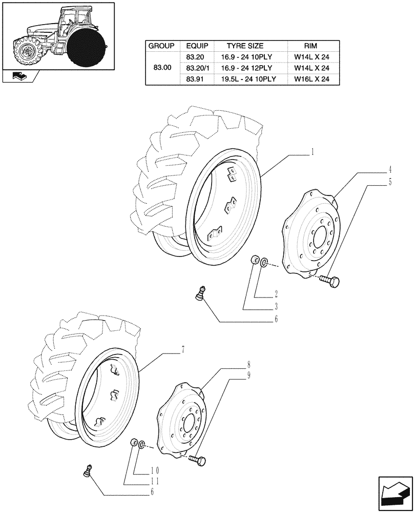 Схема запчастей Case IH FARMALL 85U - (83.00[04]) - REAR WHEELS (11) - WHEELS/TRACKS