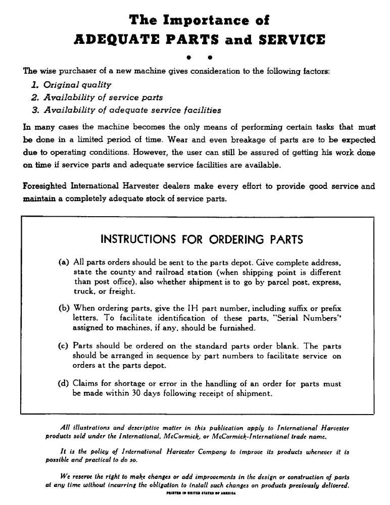 Схема запчастей Case IH 92 - (2) - THE IMPORTANCE OF ADEQUATE PARTS AND SERVICE 