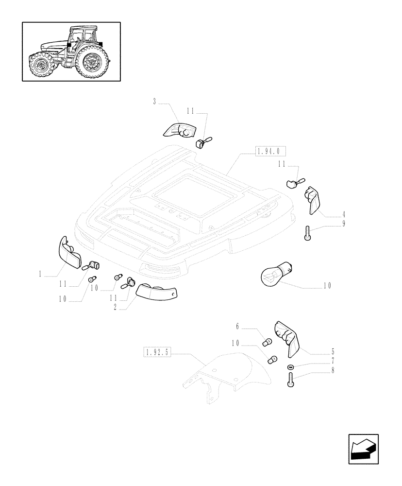 Схема запчастей Case IH JX70U - (1.91.7/01) - (VAR.007-007/1) WORKLAMPS (10) - OPERATORS PLATFORM/CAB