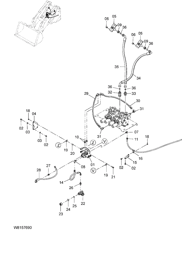 Схема запчастей Hitachi ZW180 - 169 COUPLER PIPING (1) (HLF,HPF) (OTCV02) (000101-004999, 008101-). 06 HYDRAULIC SYSTEM