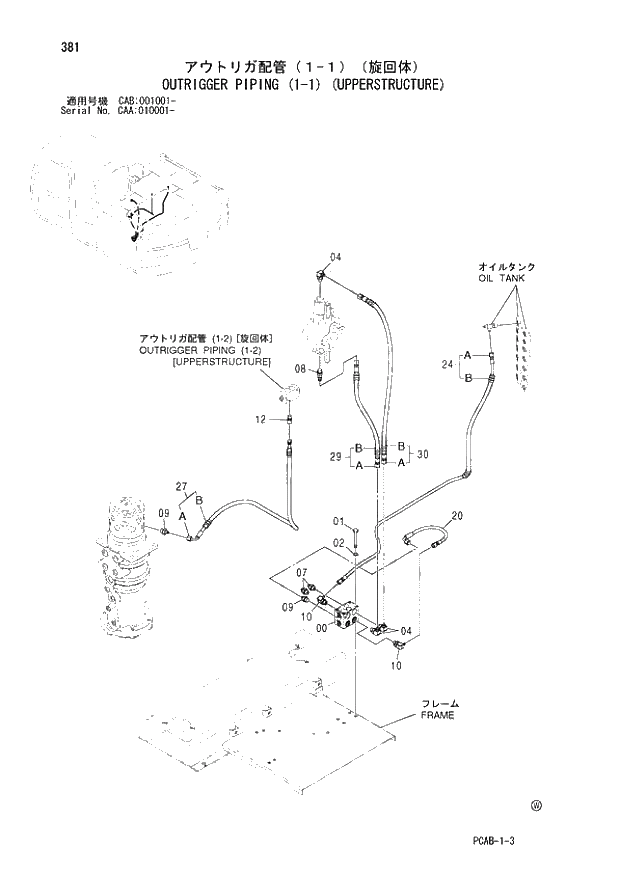 Схема запчастей Hitachi ZX130W - 381 OUTRIGGER PIPING (1-1) (UPPERSTRUCTURE) (CAA 010001 - CAB 001001 -). 06 OUTRIGGER PARTS