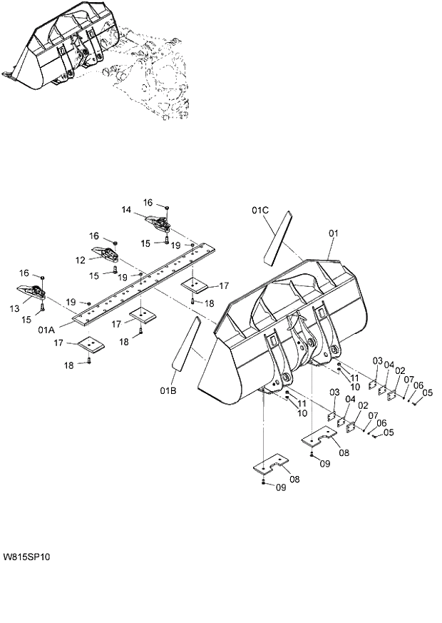 Схема запчастей Hitachi ZW180 - 223 GENERAL PURPOSE BUCKET (WITH BOLT-ON TOOTH, SPACE EDGE) 2.8m3 (6CF,HCF,HEF) (SPE280) (005101-). 07 LOADER ATTACHMENT