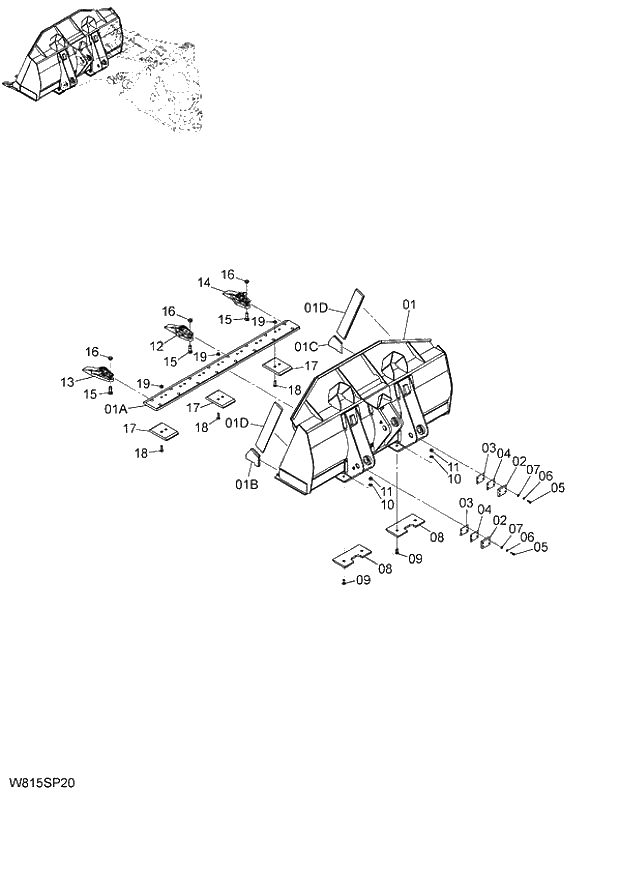 Схема запчастей Hitachi ZW180 - 225 ROCK BUCKET (WITH BOLT-ON TOOTH, SPACE EDGE) 2.3m3 (6CF,HCF,HEF) (SPE230) (005101-). 07 LOADER ATTACHMENT