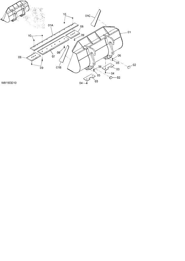 Схема запчастей Hitachi ZW180 - 229 GENERAL PURPOSE BUCKET(COUPLER TYPE) (WITH BOLT-ON CUTTING EDGE) 2.4m3 (6CF,HCF,HEF) (ODB240) (005101-). 07 LOADER ATTACHMENT