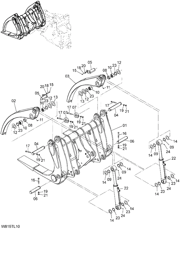 Схема запчастей Hitachi ZW180 - 234 LOG GRAPPLE (6CF,H3F,HCF,HEF) (TLZ061) (000101-004999, 005101-). 07 LOADER ATTACHMENT