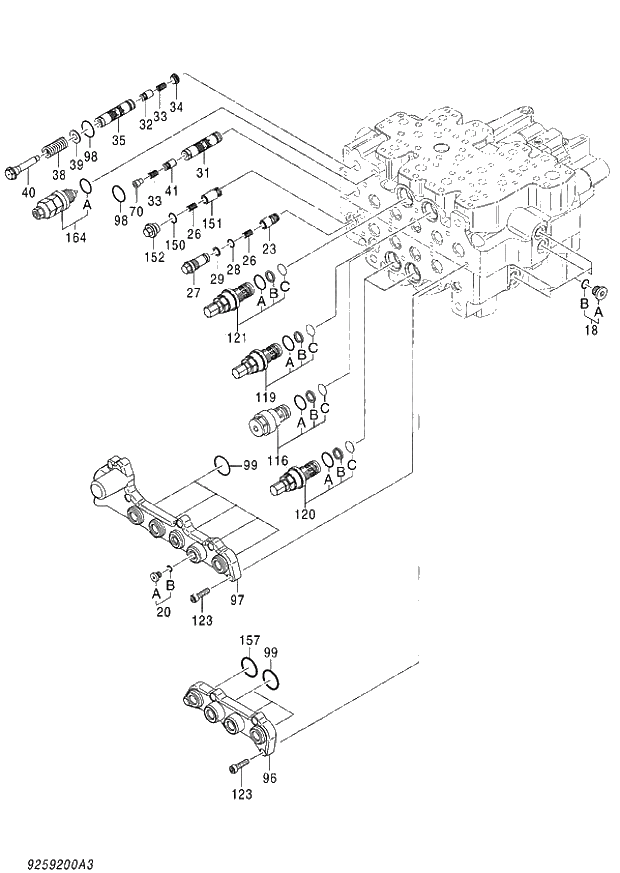 Схема запчастей Hitachi ZX140W-3 - 364 VALVE CONTROL (3-8) ( CEB CED 002001-,005001- CEA 020001-,050001-). 03 VALVE