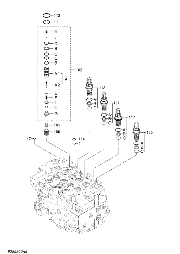 Схема запчастей Hitachi ZX140W-3 - 366 VALVE CONTROL (5-8) ( CEB CED 002001-,005001- CEA 020001-,050001-). 03 VALVE