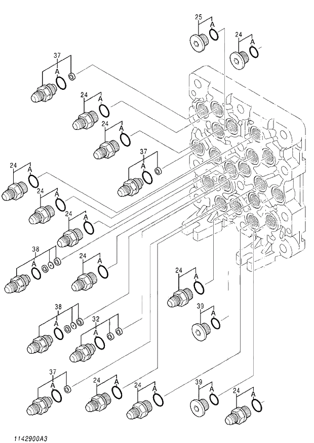 Схема запчастей Hitachi ZX140W-3 - 388 VALVE SHUTTLE (3-5) ( CEB CED 002001-002700, CEA 020001-020818). 03 VALVE