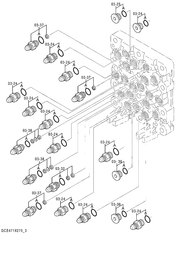 Схема запчастей Hitachi ZX140W-3 - 393 VALVE SHUTTLE (3-5) ( CEB CED 002701-,005001- CEA 020819-,050001-). 03 VALVE