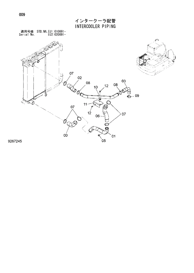 Схема запчастей Hitachi ZX160LC-3 - 009_INTERCOOLER PIPING (EU1 010001 -; EU2 020001 -; NA - NA; STD - STD). 01 UPPERSTRUCTURE