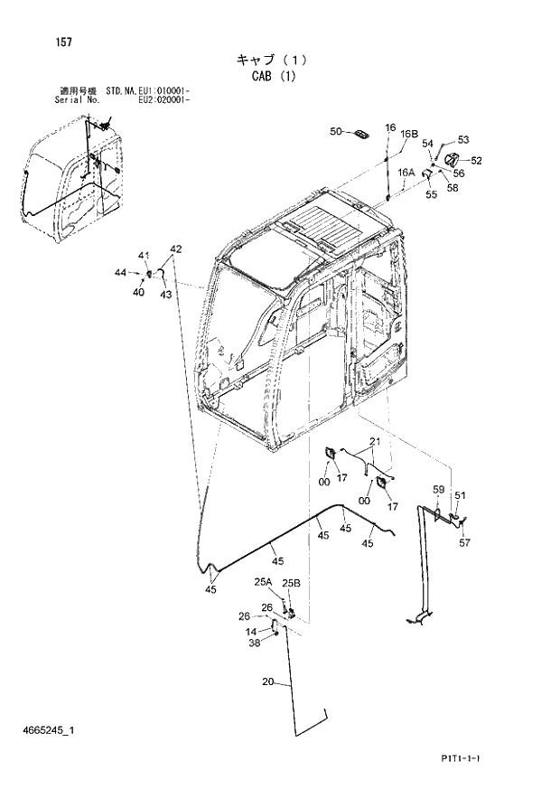 Схема запчастей Hitachi ZX160LC-3 - 157_CAB (1) EU1 010001 -; EU2 020001 -; NA - NA; STD - STD). 01 UPPERSTRUCTURE