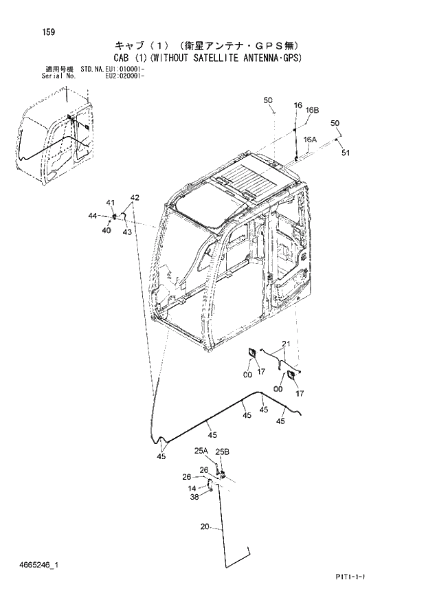 Схема запчастей Hitachi ZX160LC-3 - 159_CAB (1)(WITHOUT SATELLITE ANTENNA GPS) (EU1 010001 -; EU2 020001 -; NA - NA; STD - STD). 01 UPPERSTRUCTURE