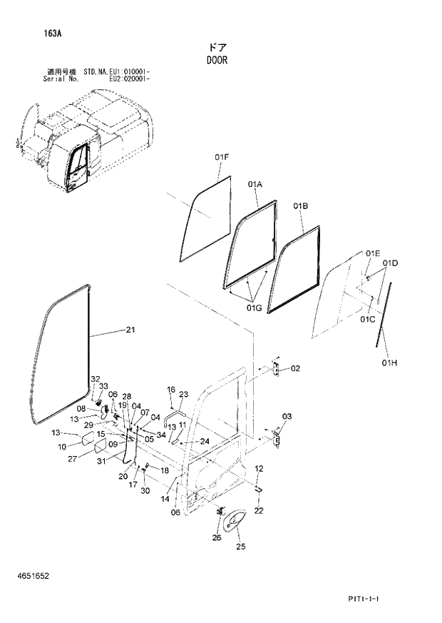 Схема запчастей Hitachi ZX160LC-3 - 163_DOOR (EU1 010001 -; EU2 020001 -; NA - NA; STD - STD). 01 UPPERSTRUCTURE