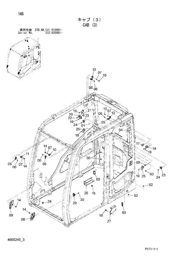 Схема запчастей Hitachi ZX160LC-3 - 165_CAB (3) (EU1 010001 -; EU2 020001 -; NA - NA; STD - STD). 01 UPPERSTRUCTURE