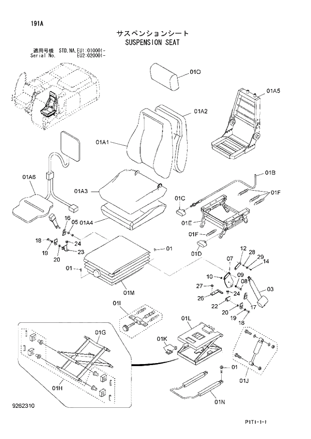 Схема запчастей Hitachi ZX160LC-3 - 191_SUSPENSION SEAT (EU1 010001 -; EU2 020001 -; NA - NA; STD - STD). 01 UPPERSTRUCTURE