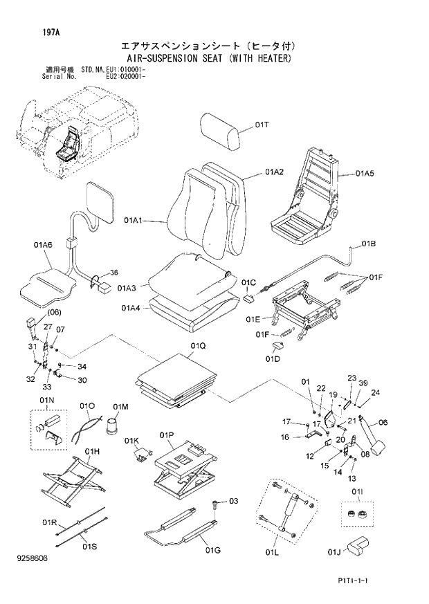 Схема запчастей Hitachi ZX160LC-3 - 197_AIR-SUSPENSION SEAT (WITH HEATER) (EU1 010001 -; EU2 020001 -; NA - NA; STD - STD). 01 UPPERSTRUCTURE