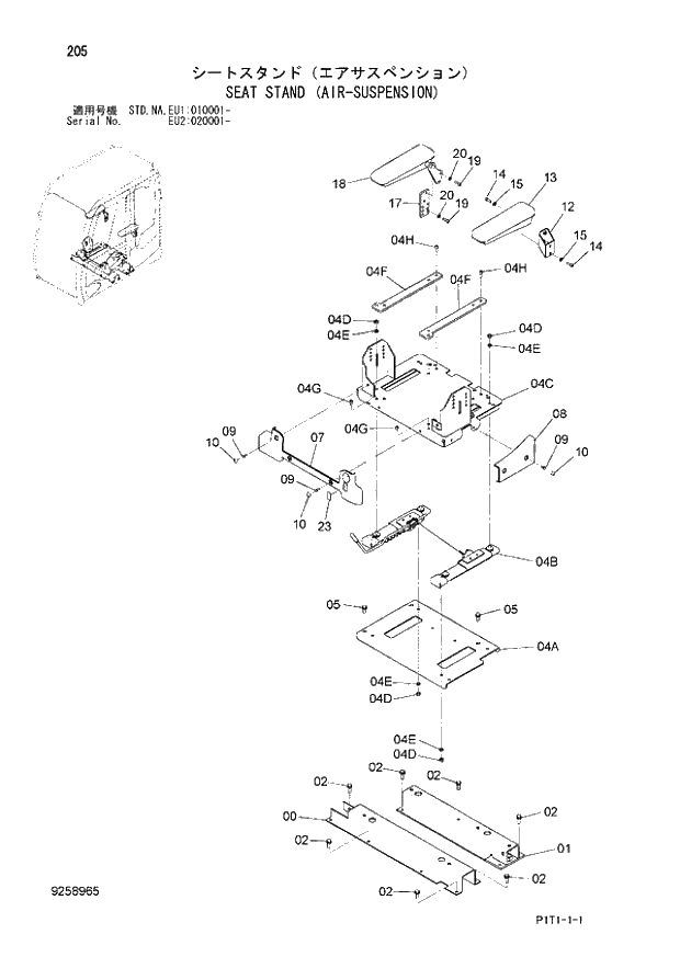 Схема запчастей Hitachi ZX160LC-3 - 205_SEAT STAND (AIR-SUSPENSION) (EU1 010001 -; EU2 020001 -; NA - NA; STD - STD). 01 UPPERSTRUCTURE