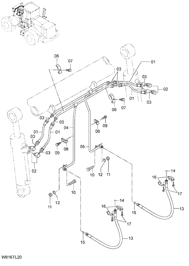 Схема запчастей Hitachi ZW220 - 244_LOG GRAPPLE PIPING(TLZ070) (000101-004999, 005101-). 07 LOADER ATTACHMENT