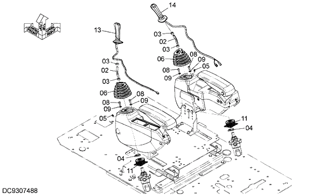 Схема запчастей Hitachi ZX210H-5G - 001 CONTROL LEVER (FRONT, SWING) 09 FLOOR PARTS