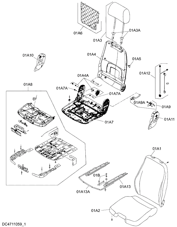 Схема запчастей Hitachi ZX240LC-5G - 025 AIR-SUSPENSION SEAT (WITH HEATER)(1) 09 FLOOR PARTS