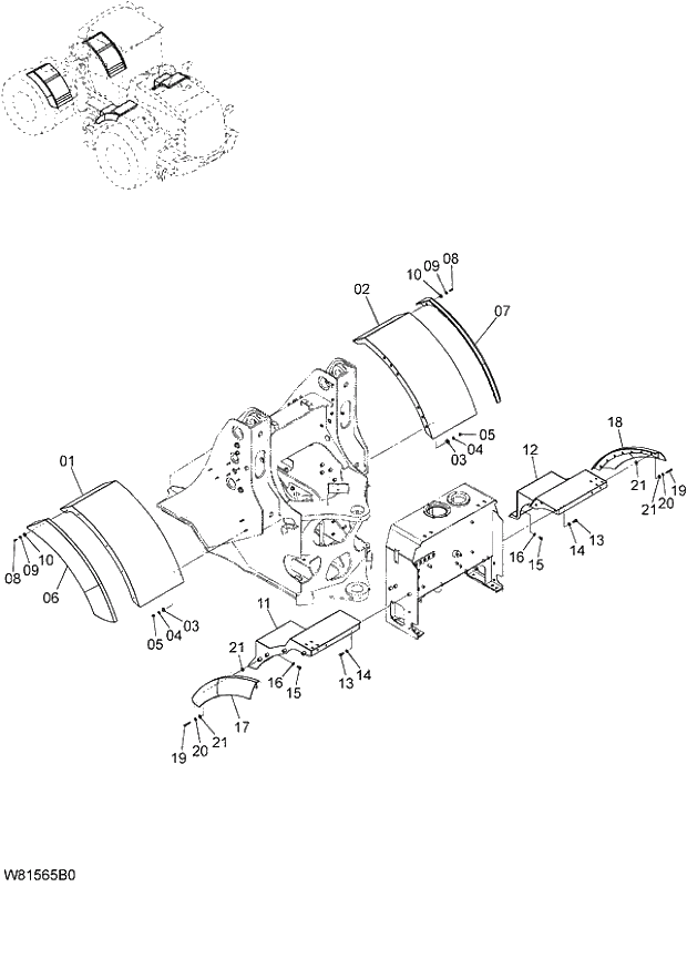 Схема запчастей Hitachi ZW180 - 048 FLOOR BOARD (1) (HLF,HPF) (000101-004999, 008101-). 03 CHASSIS