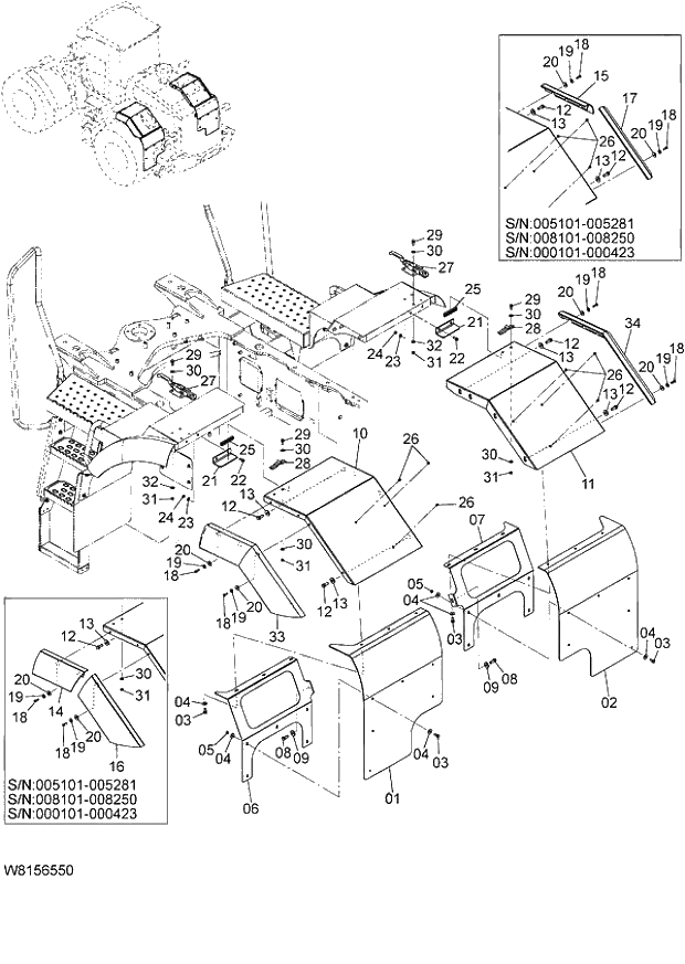 Схема запчастей Hitachi ZW180 - 053 FULL REAR FENDER (FRF) (000101-004999, 005101-). 03 CHASSIS