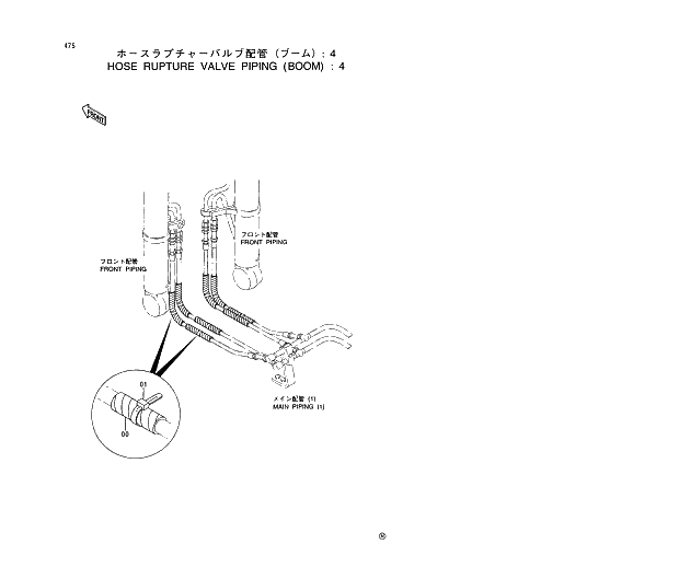 Схема запчастей Hitachi EX450LC-5 - 475 HOSE RUPTURE VALVE PIPING (BOOM) 4 03 BACKHOE ATTACHMENTS