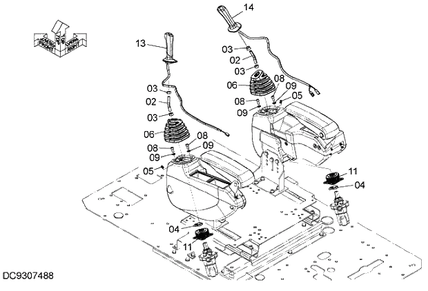 Схема запчастей Hitachi ZX280-5G - 001 CONTROL LEVER (FRONT, SWING) 09 FLOOR PARTS