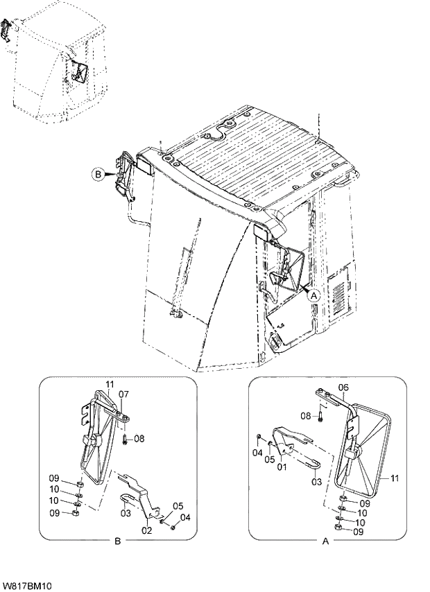 Схема запчастей Hitachi ZW310A - 021 REAR VIEW MIRROR (H3J,HEJ)(BM001). 04 CAB
