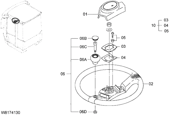 Схема запчастей Hitachi ZW310A - 028 STEERING WHEEL(DL009, DL010). 04 CAB