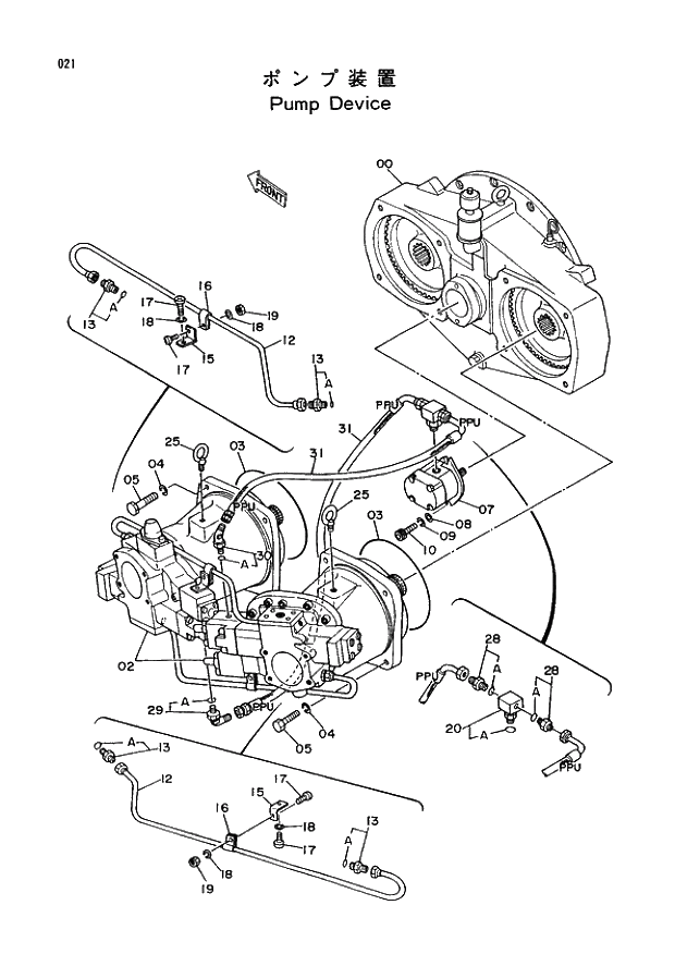 Схема запчастей Hitachi EX400 тип B - 021 PUMP DEVICE 01 UPPERSTRUCTURE