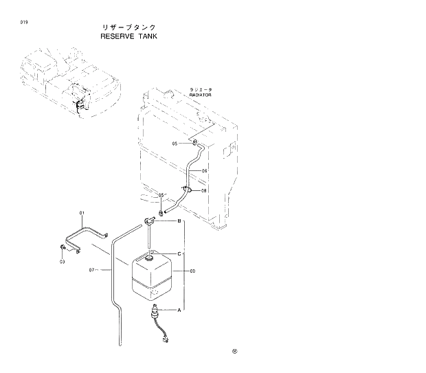 Схема запчастей Hitachi EX300-5 - 019 RESERVE TANK 01 UPPERSTRUCTURE