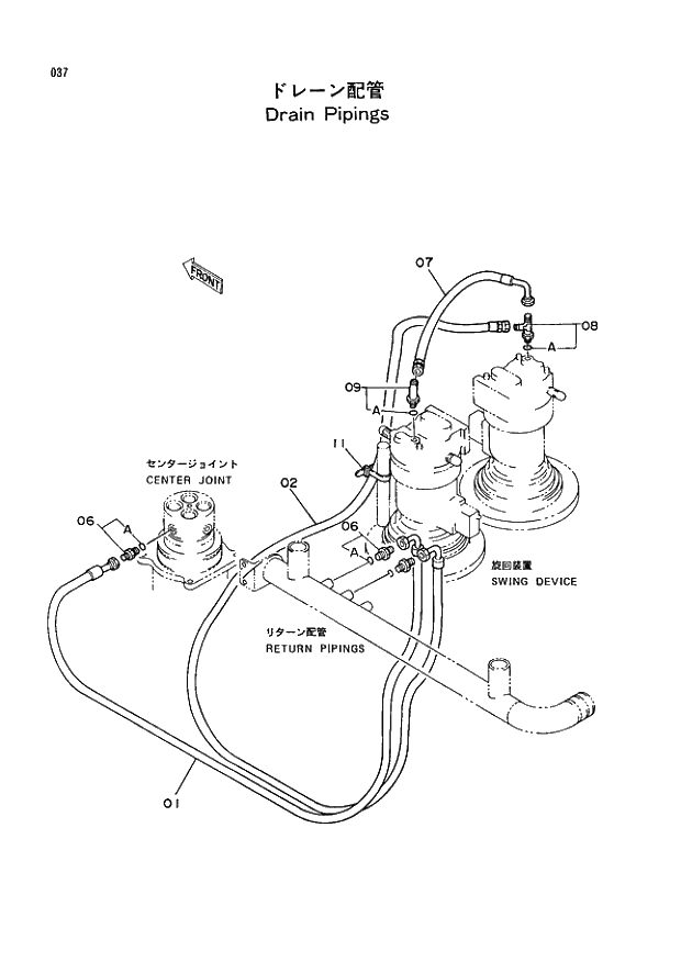 Схема запчастей Hitachi EX400 тип А - 037 DRAIN PIPINGS 01 UPPERSTRUCTURE