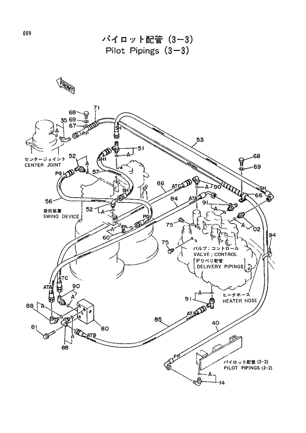 Схема запчастей Hitachi EX400 тип А - 069 PILOT PIPINGS (3-3) 01 UPPERSTRUCTURE