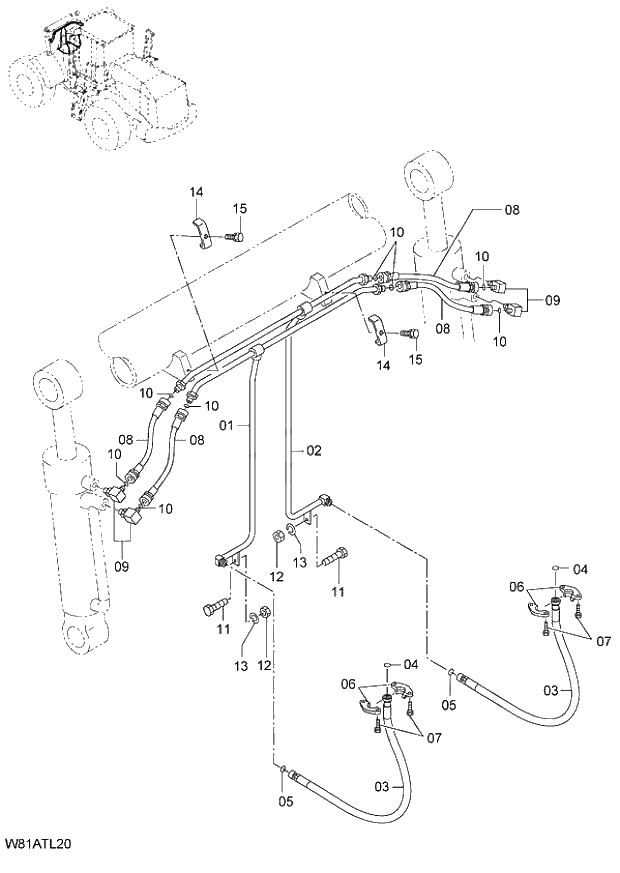 Схема запчастей Hitachi ZW250 - 234_LOG GRAPPLE PIPING(TLZ080) (000101-004999, 005101-). 07 LOADER ATTACHMENT