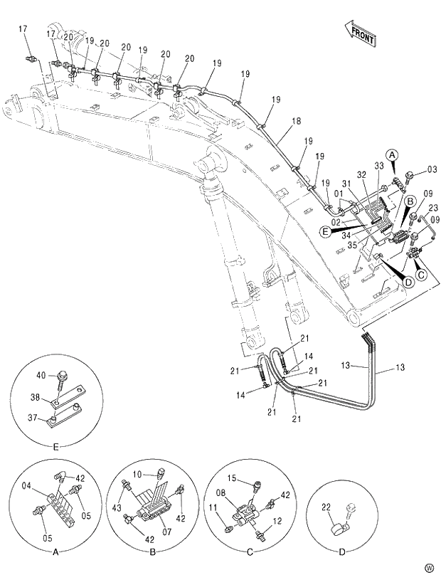 Схема запчастей Hitachi ZX450LC - 004 AUTO. LUBRICATE PIPING (BOOM)(1) 450,H,MT,MTH (450,MT F054-H,MTH F5140-). 03 BACKHOE ATTACHMENTS