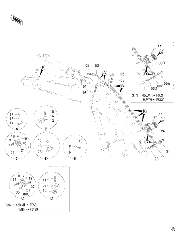 Схема запчастей Hitachi ZX480MTH - 043 LUBRICATE PIPING (BOOM) (450,H,MT,MTH 010001-460 050001-). 03 BACKHOE ATTACHMENTS