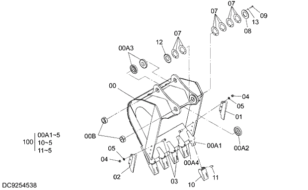 Схема запчастей Hitachi ZX330-3G - 025 ROCK BUCKET 1.38m3 (JIS 94)(SUPER V TOOTH) 03 FRONT-END ATTACHMENTS