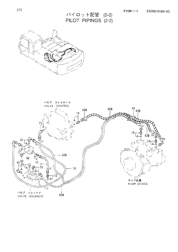 Схема запчастей Hitachi EX300-3C - 075 PILOT PIPINGS (2-2). 01 UPPERSTRUCTURE