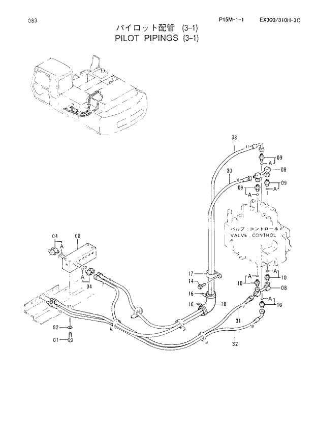 Схема запчастей Hitachi EX300-3C - 083 PILOT PIPINGS (3-1). 01 UPPERSTRUCTURE