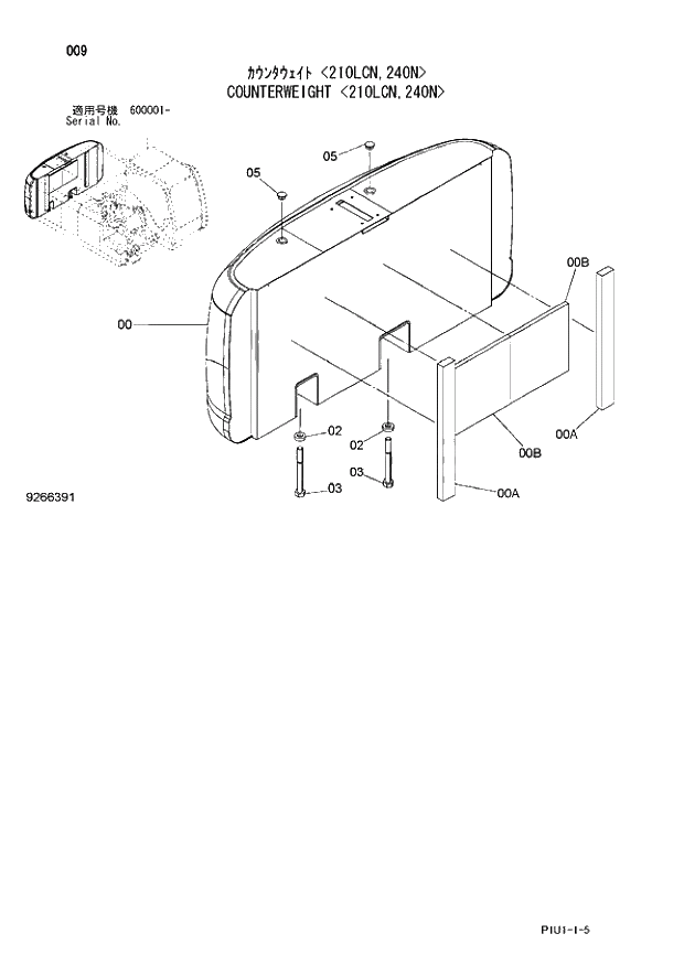 Схема запчастей Hitachi ZX210LCH-3 - 009 COUNTERWEIGHT 210LCN,240N. 01 UPPERSTRUCTURE