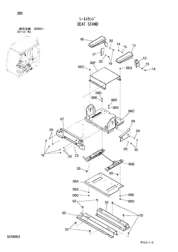 Схема запчастей Hitachi ZX210H-3 - 281 SEAT STAND. 01 UPPERSTRUCTURE