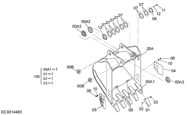 Схема запчастей Hitachi ZX280LC-5G - 011 BUCKET 1.1m3 (JIS 94) 12 FRONT-END ATTACHMENTS