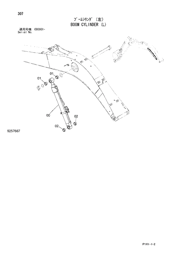 Схема запчастей Hitachi ZX130LCN-3 - 307_BOOM CYLINDER (L) (080001 -). 03 FRONT-END ATTACHMENTS(MONO-BOOM)