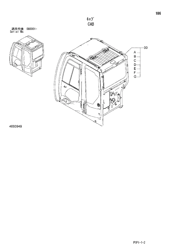 Схема запчастей Hitachi ZX80LCK-3 - 186 CAB 01 UPPERSTRUCTURE