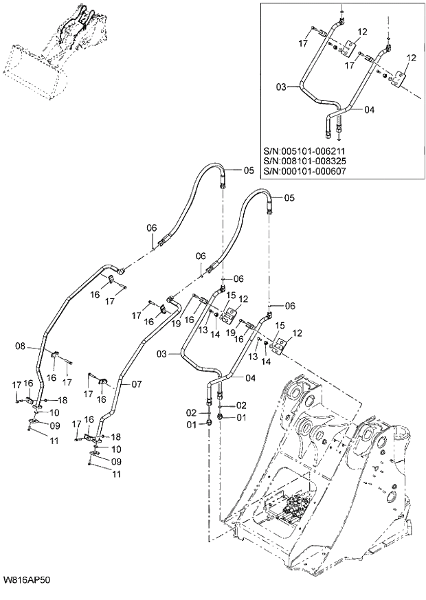 Схема запчастей Hitachi ZW220 - 166_MAIN PIPING(FOR 3-SPOOL)(AP3) (000101-004999, 005101-). 06 HYDRAULIC SYSTEM