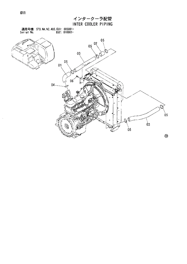 Схема запчастей Hitachi ZX180LCN - 011 INTER COOLER PIPING (005001 - EU2 010001 -). 01 UPPERSTRUCTURE